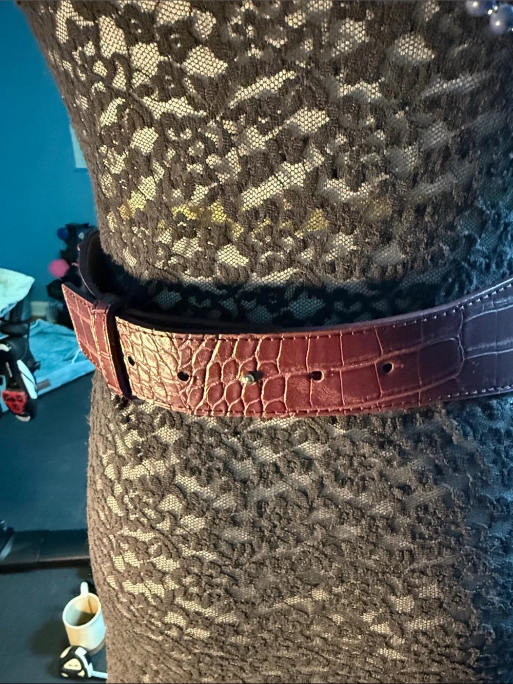 White House Black Market Burgundy Multi-Texture Wide Waist Belt with Gold Buckle